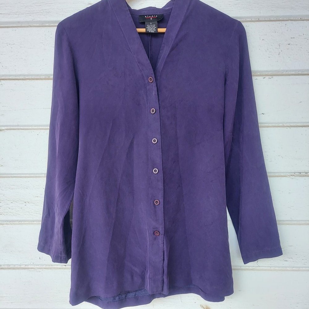 Vintage Silk Purple Button Up Long Sleeve Shirt Size Small